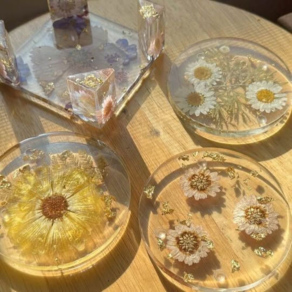 Locally Made Resin Flower Coaster Set Pressed Flowers & Gold Foil Flakes